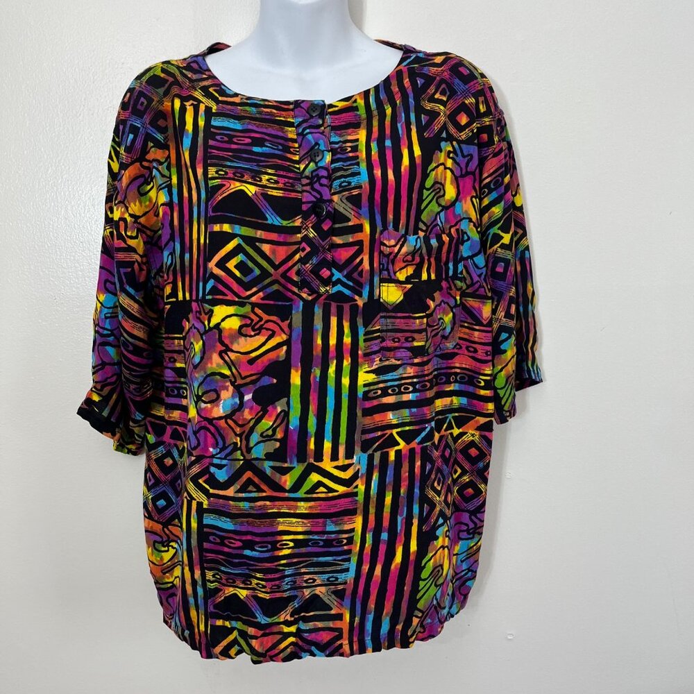 Vintage B'Way Rose Multicolor Abstract Print Tunic Blouse Rayon Loose Fit Size L